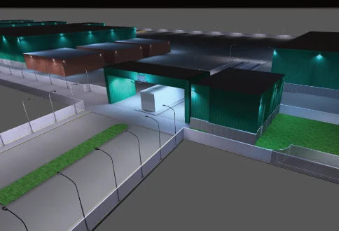 Projeto luminotécnico de indústria com portaria e arruamentos