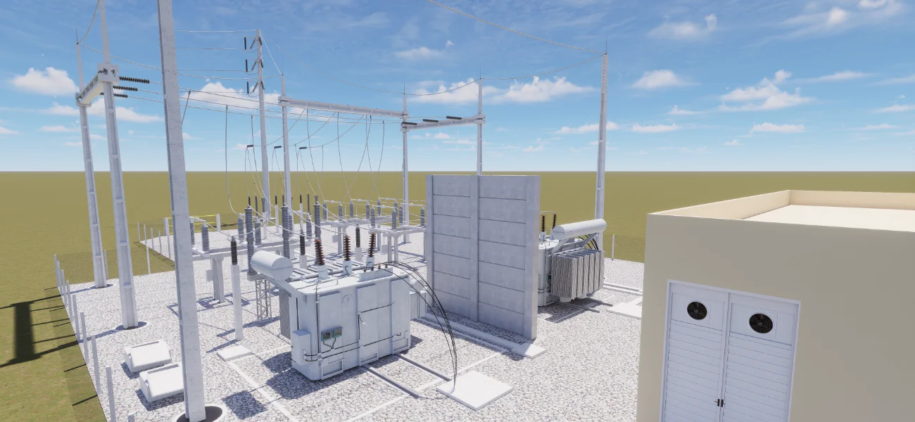 subestação 138kv com dois transformadores, linha de para-raios e parede corta-fogo