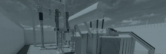 Projeto de subestação 45kV com para-raios, disjuntor, TCs e transformador.