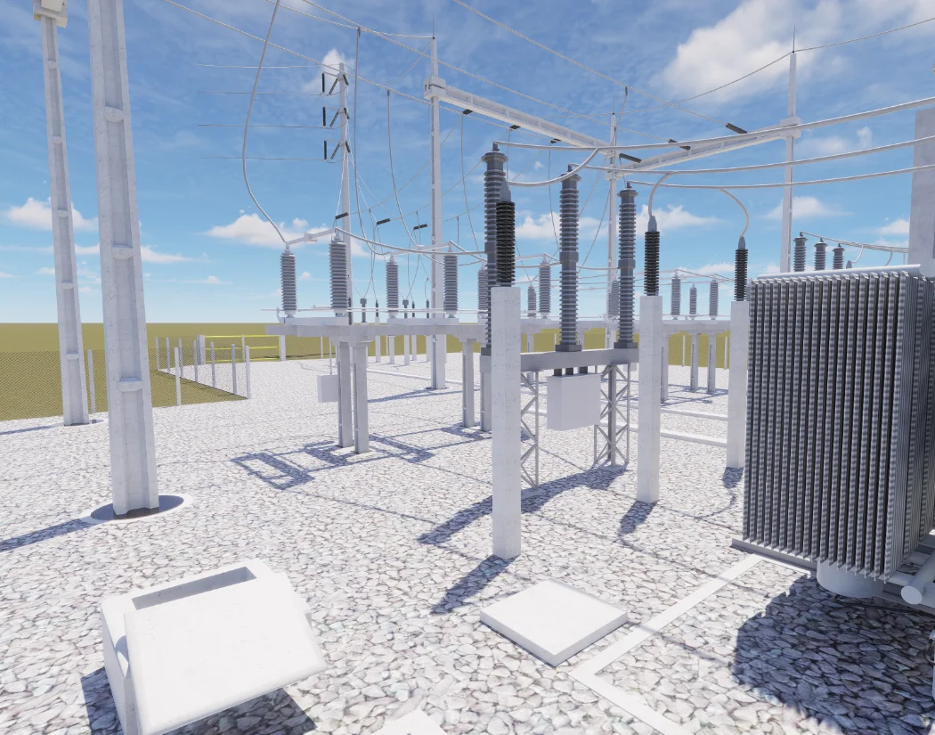 Projeto de pátio de subestação 138kV com disjuntor, TCs, TPs, para-raios, transformador e parede corta-fogo.